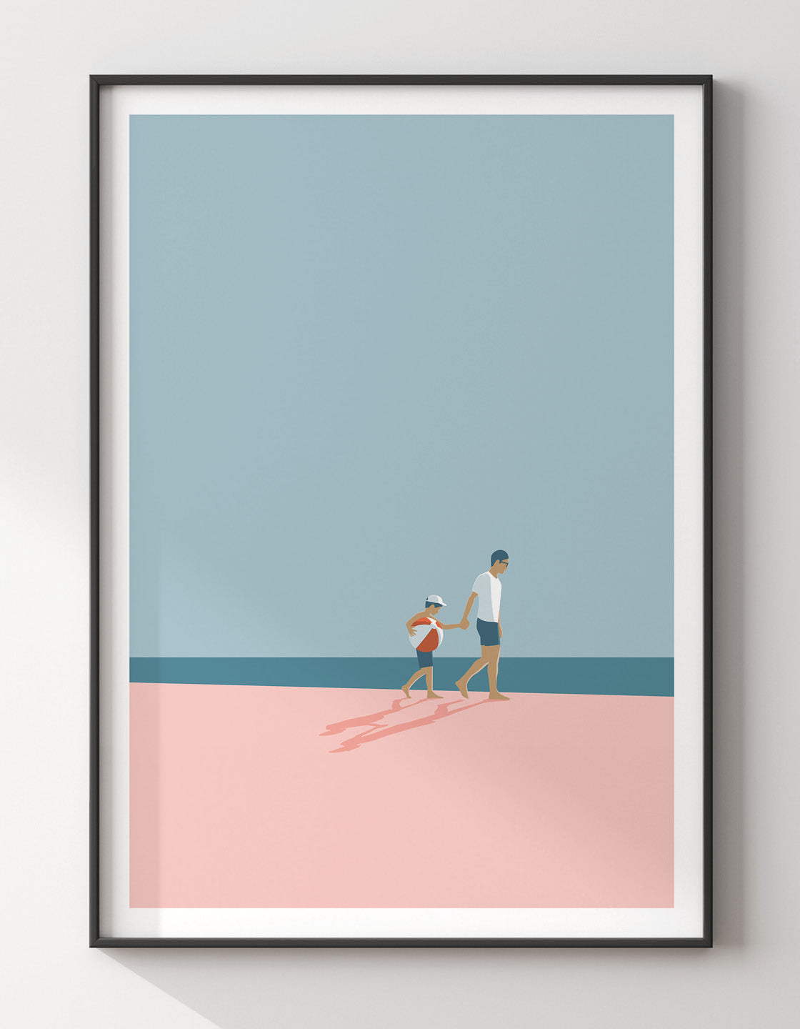 A heartwarming artwork depicting a father and son enjoying a beach day, capturing minimal holiday vibes.