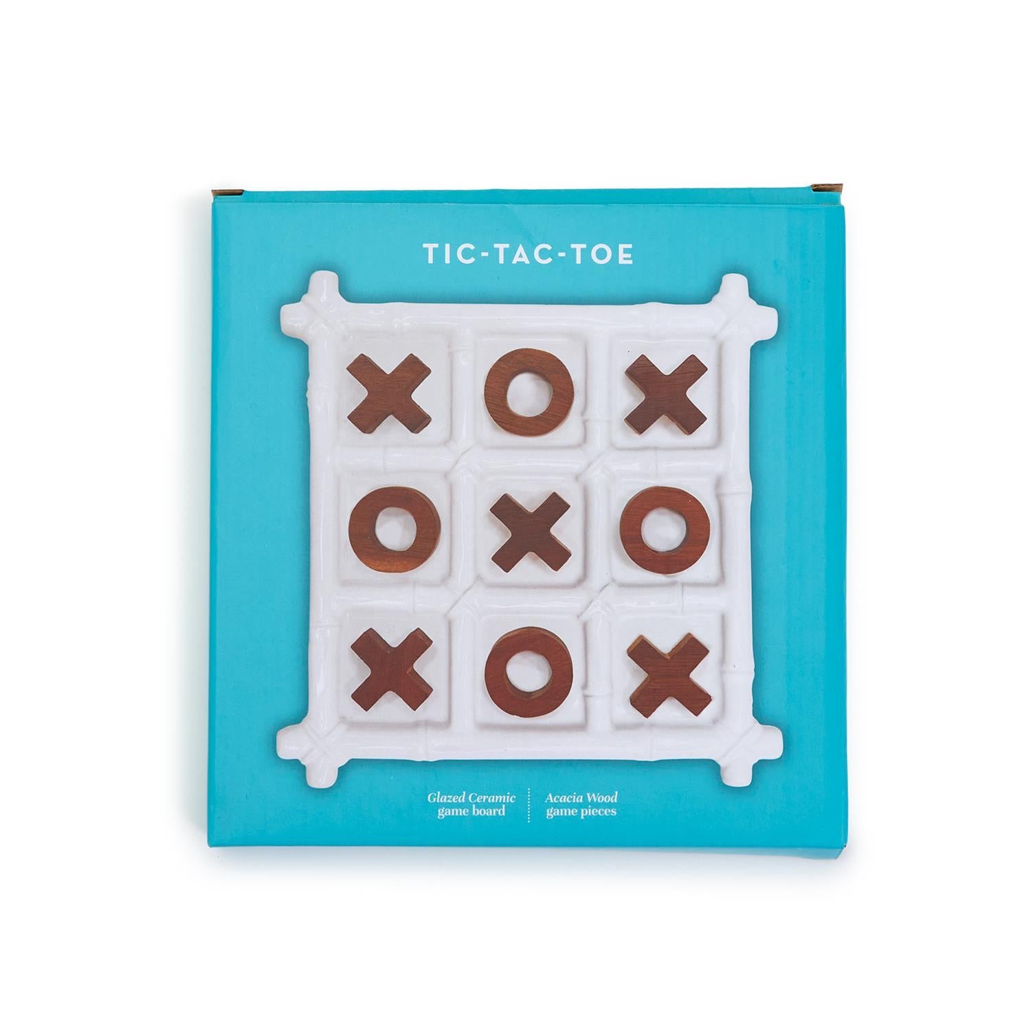 Faux Bamboo Tic Tac Toe game featuring a ceramic board and acacia wood pieces, elegantly designed for decor and play.