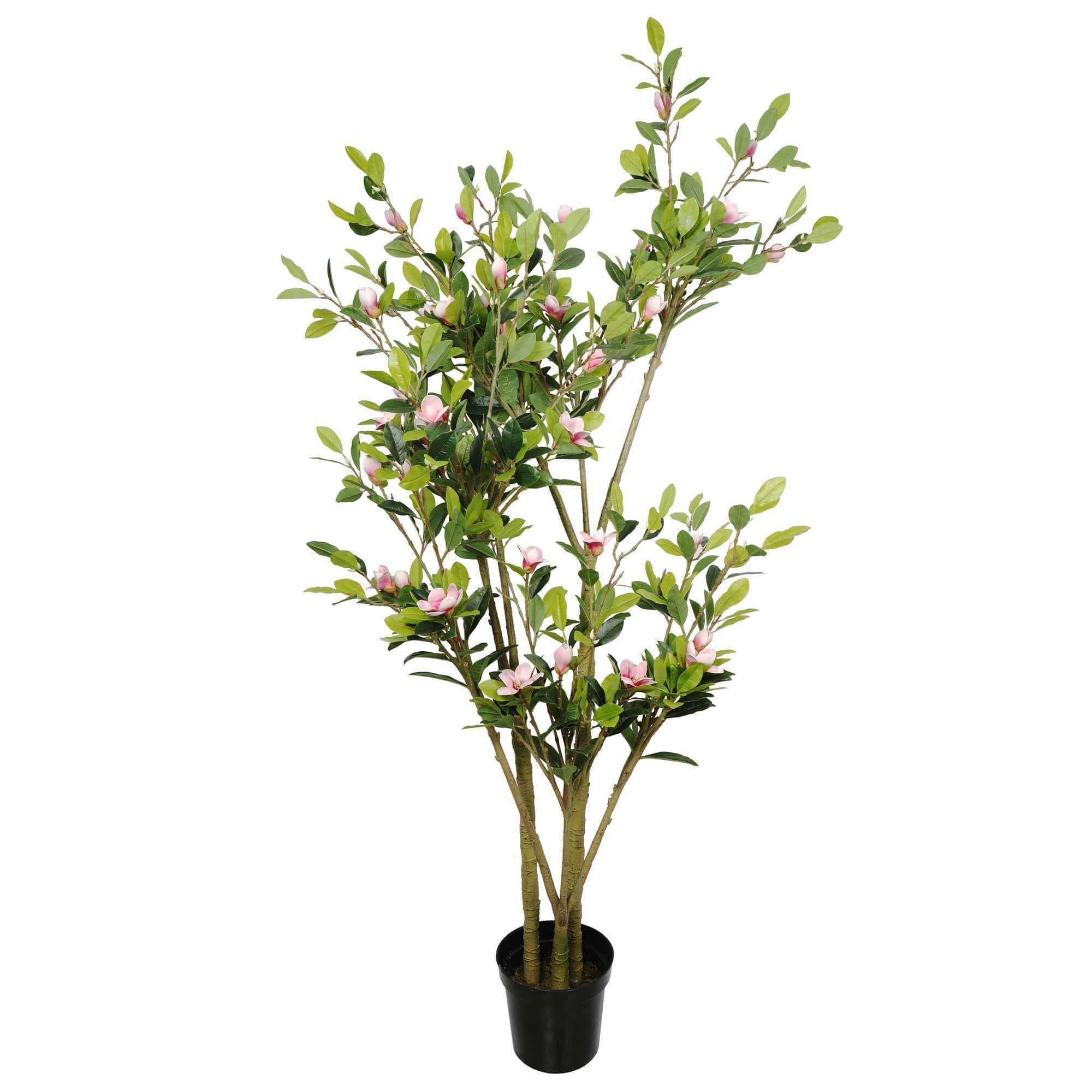 A tall 250cm faux potted magnolia tree with vibrant pink flowers and lush green leaves in a simple black pot, perfect for home decor.