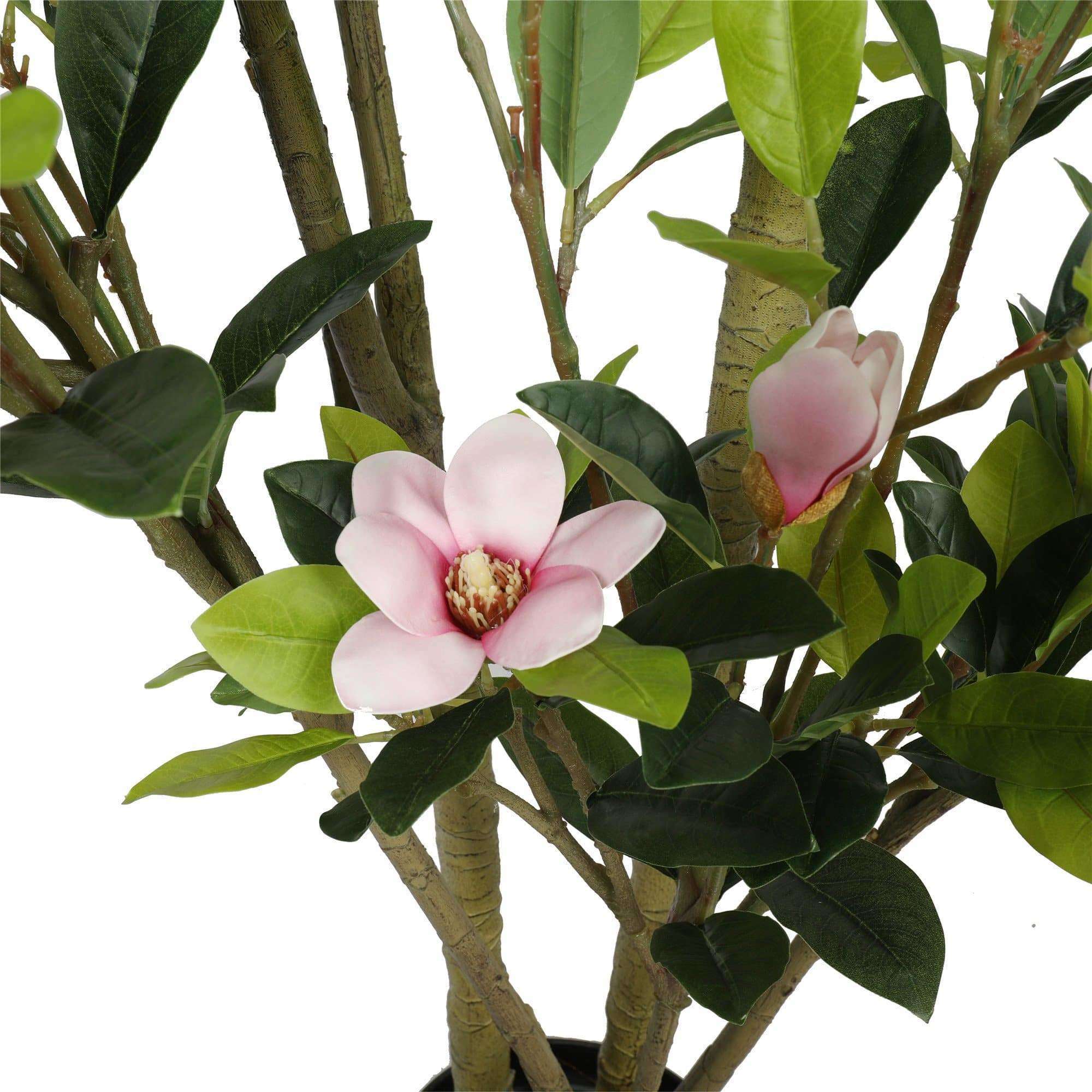 A tall 250cm faux potted magnolia tree with vibrant pink flowers and lush green leaves in a simple black pot, perfect for home decor.