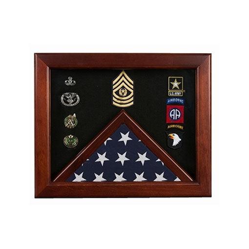 Federal Flag Display Case showcasing a 3x5 flag with a glass panel and wall mounting bracket.