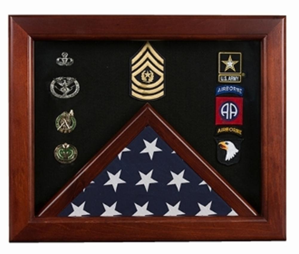 Federal Flag Display Case showcasing a 3x5 flag with a glass panel and wooden frame, designed for wall mounting.