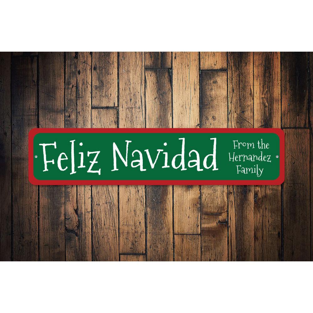 A festive Feliz Navidad Sign made of high-quality aluminum, featuring vibrant colors and a charming design, perfect for Christmas decorations.