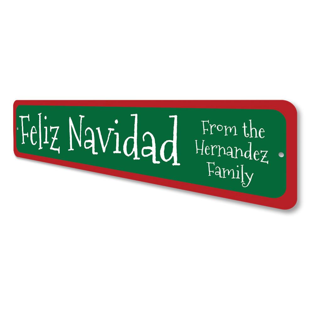 A festive Feliz Navidad Sign made of high-quality aluminum, featuring vibrant colors and a charming design, perfect for Christmas decorations.