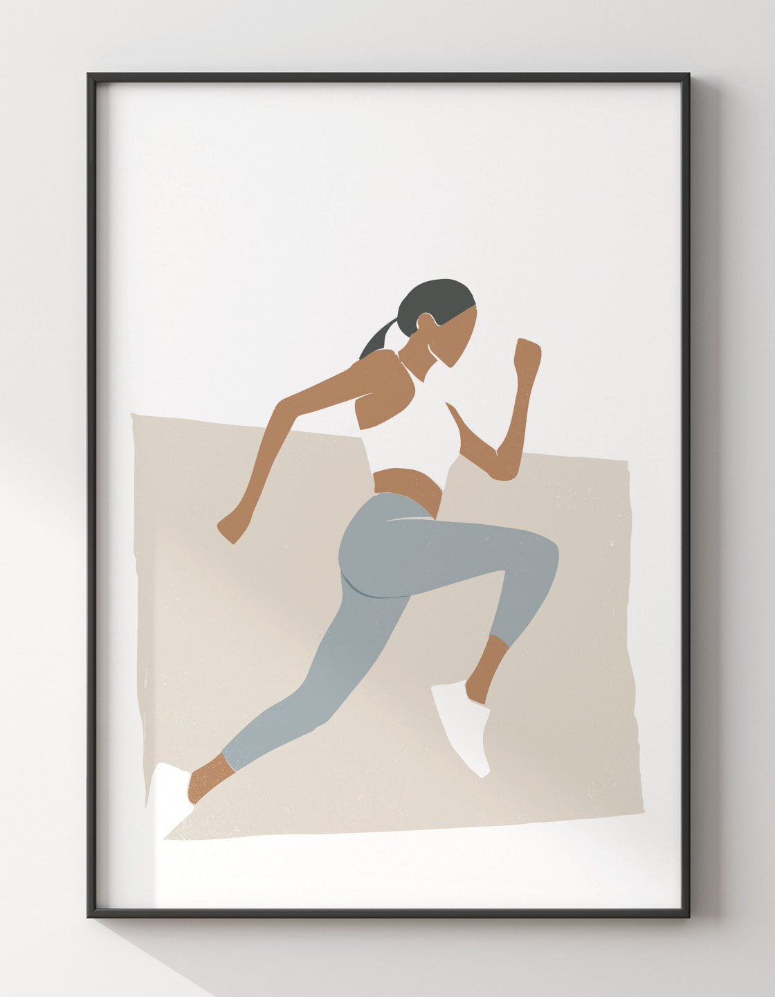 Art print featuring a female runner in a minimal design with muted boho colors, perfect for home decor.