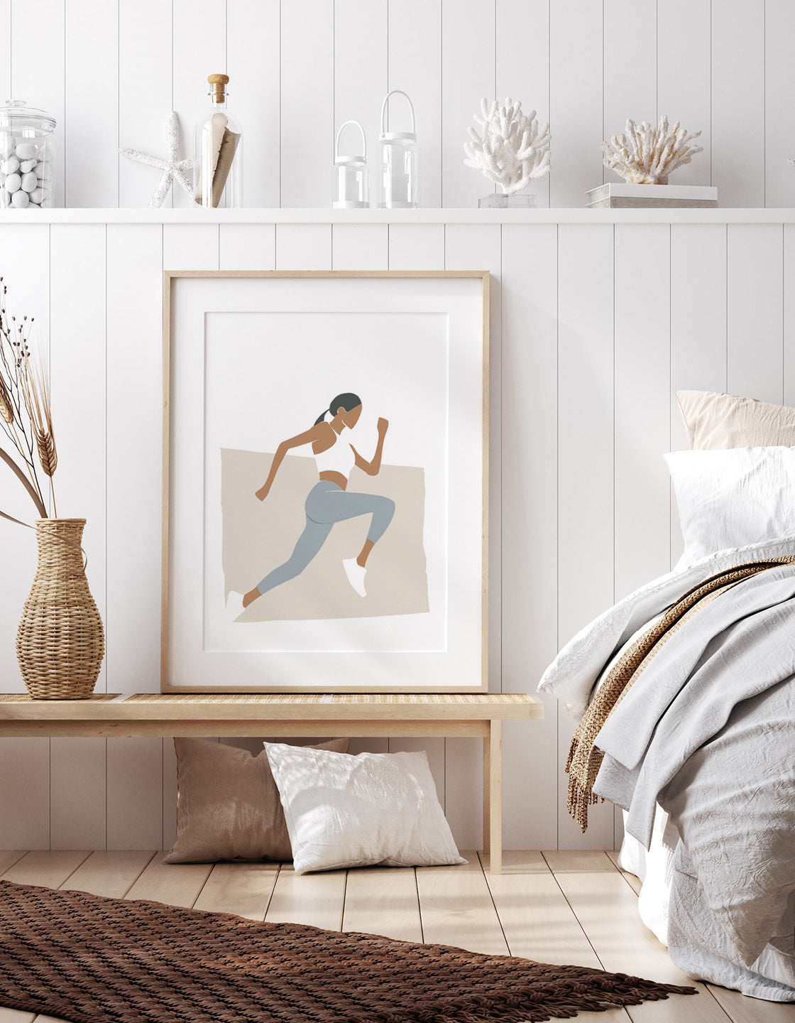 Art print featuring a female runner in a minimal design with muted boho colors, perfect for home decor.