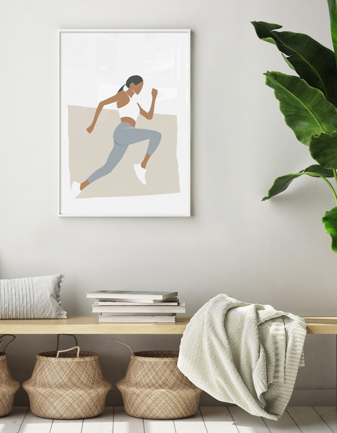 Art print featuring a female runner in a minimal design with muted boho colors, perfect for home decor.