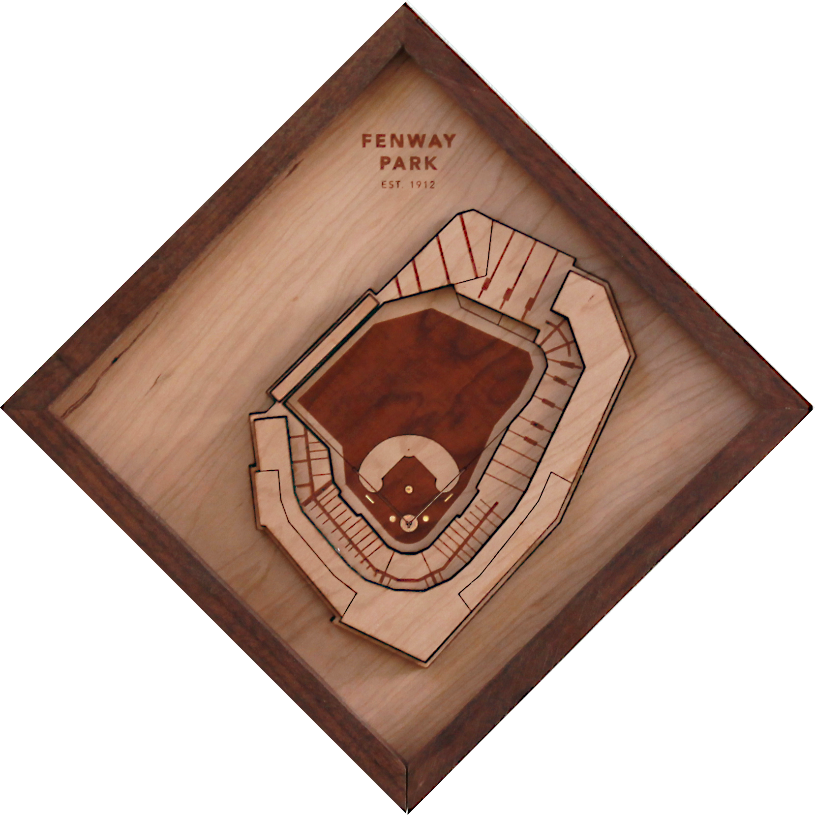 A beautifully crafted replica of Fenway Park, showcasing iconic features like the Green Monster and foul poles, framed in black walnut.