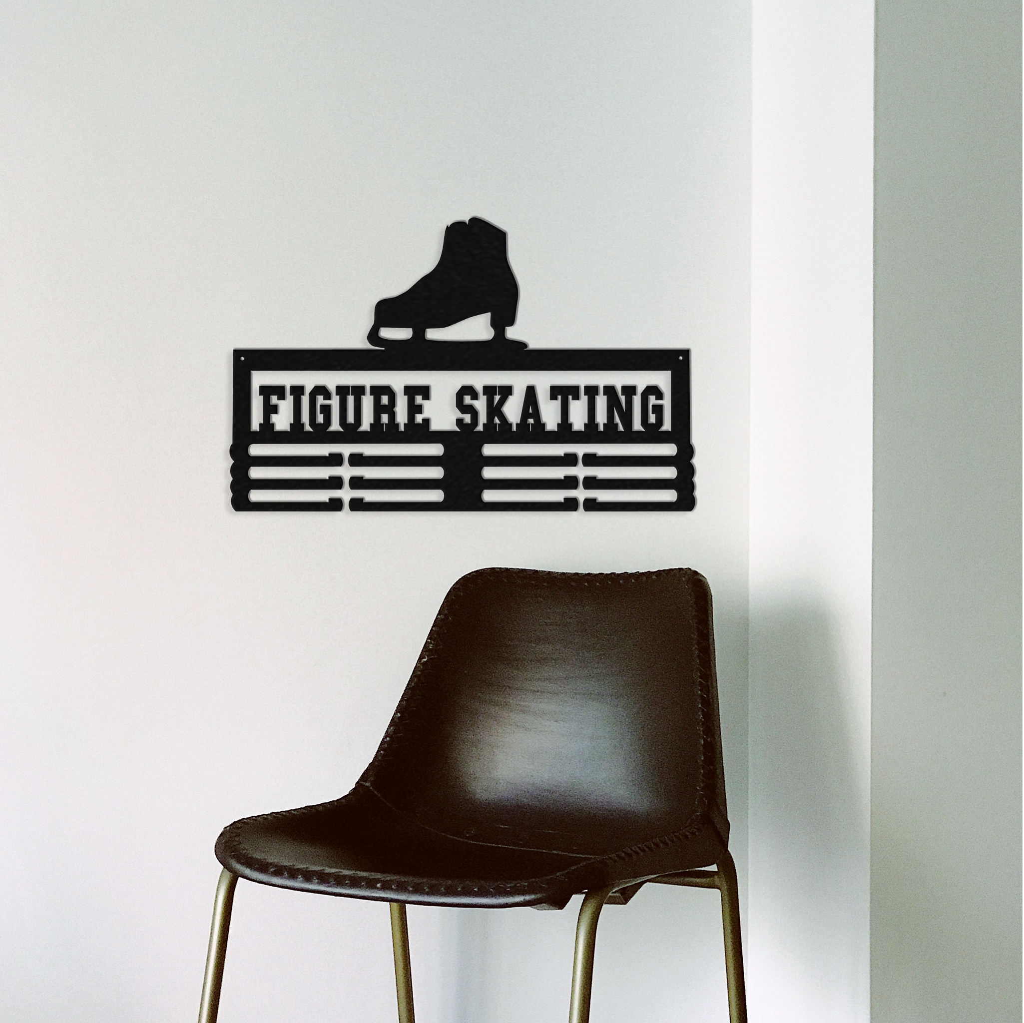 Figure Skater Medal Holder made of 14 gauge steel, featuring a sleek design for displaying ice skating medals.