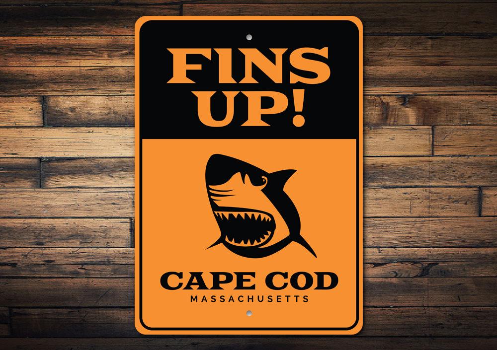 Fins Up Sign featuring a beach theme, made of high-quality aluminum, perfect for coastal decor.