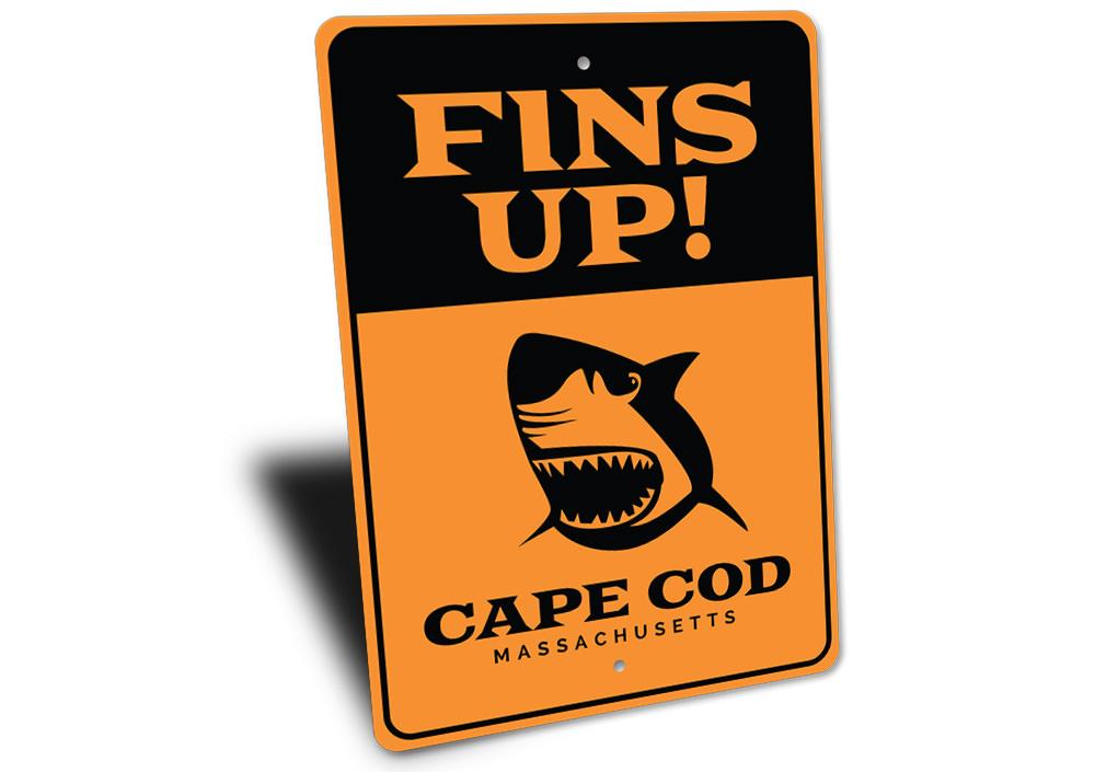 Fins Up Sign featuring a beach theme, made of high-quality aluminum, perfect for coastal decor.