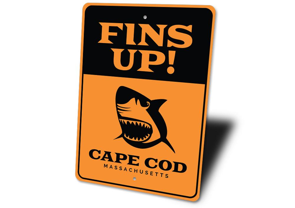 Fins Up Sign featuring a beach theme, made of high-quality aluminum, perfect for coastal decor.