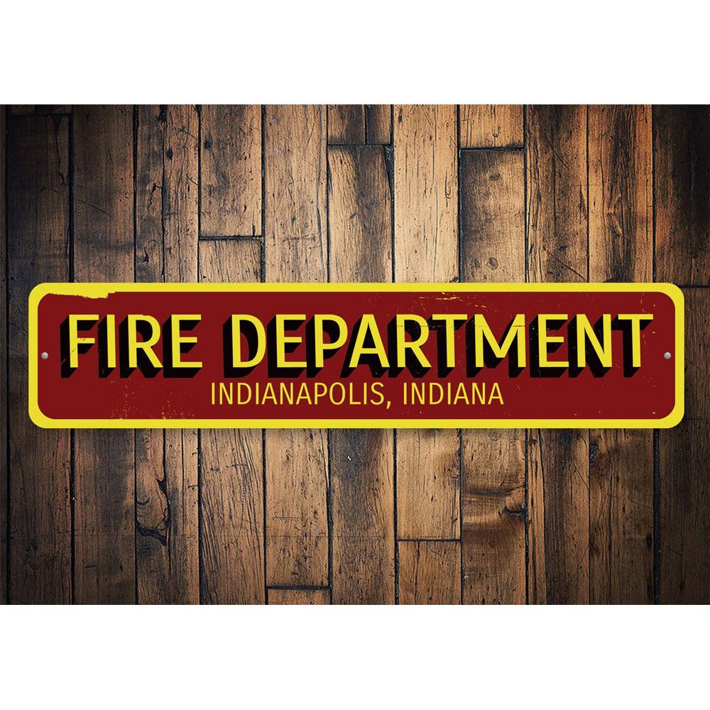 Custom Fire Department City State Sign made from durable aluminum, featuring personalized text options.