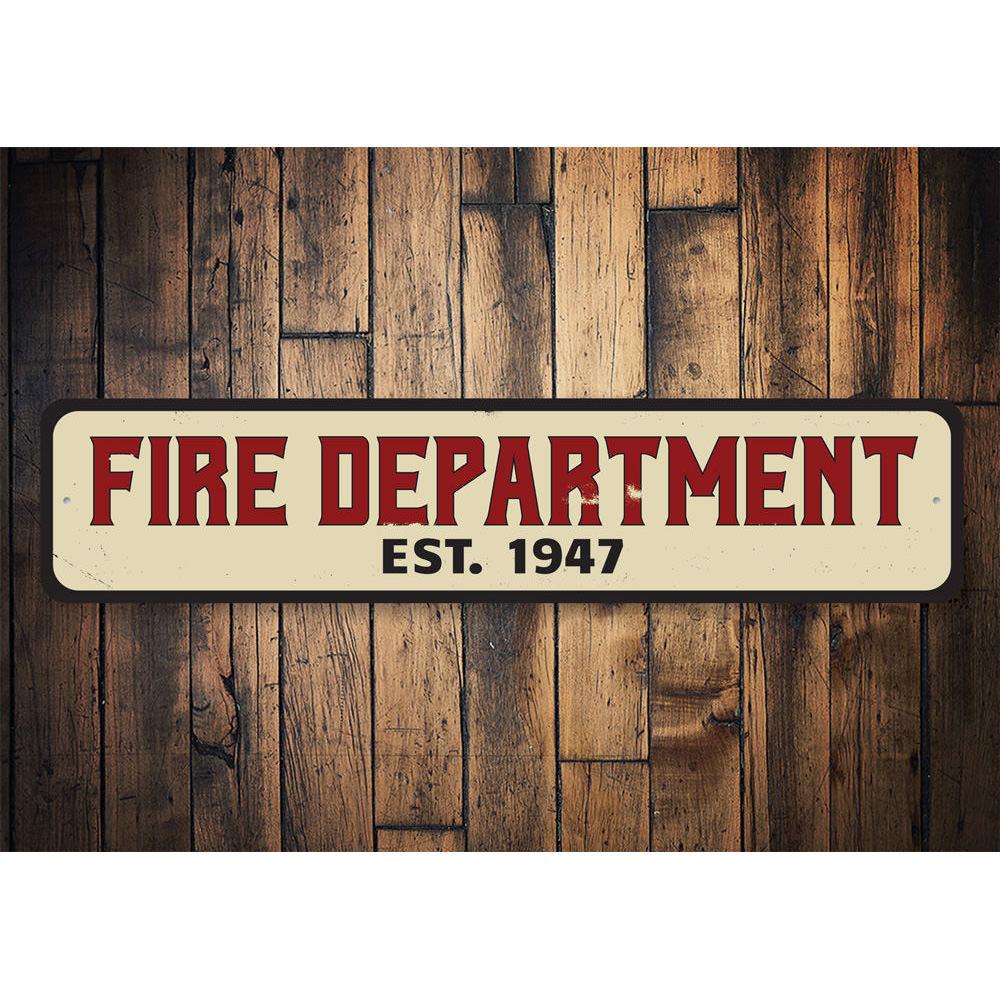 Personalized Fire Department Est Date Sign made of high-quality aluminum, featuring customizable text and pre-drilled holes for easy mounting.