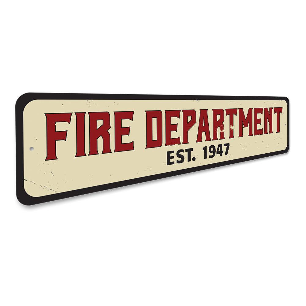 Personalized Fire Department Est Date Sign made of high-quality aluminum, featuring customizable text and pre-drilled holes for easy mounting.