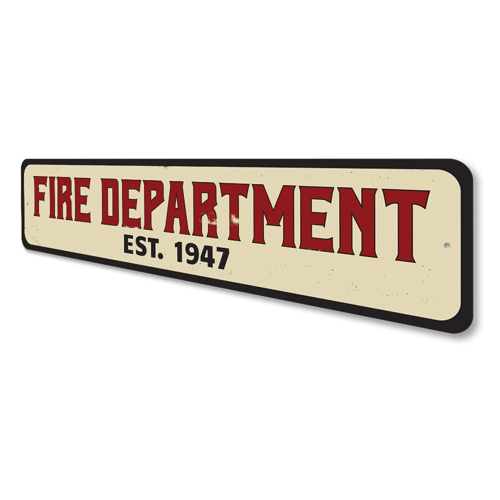 Personalized Fire Department Est Date Sign made of high-quality aluminum, featuring customizable text and pre-drilled holes for easy mounting.