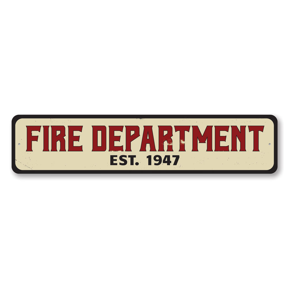 Personalized Fire Department Est Date Sign made of high-quality aluminum, featuring customizable text and pre-drilled holes for easy mounting.