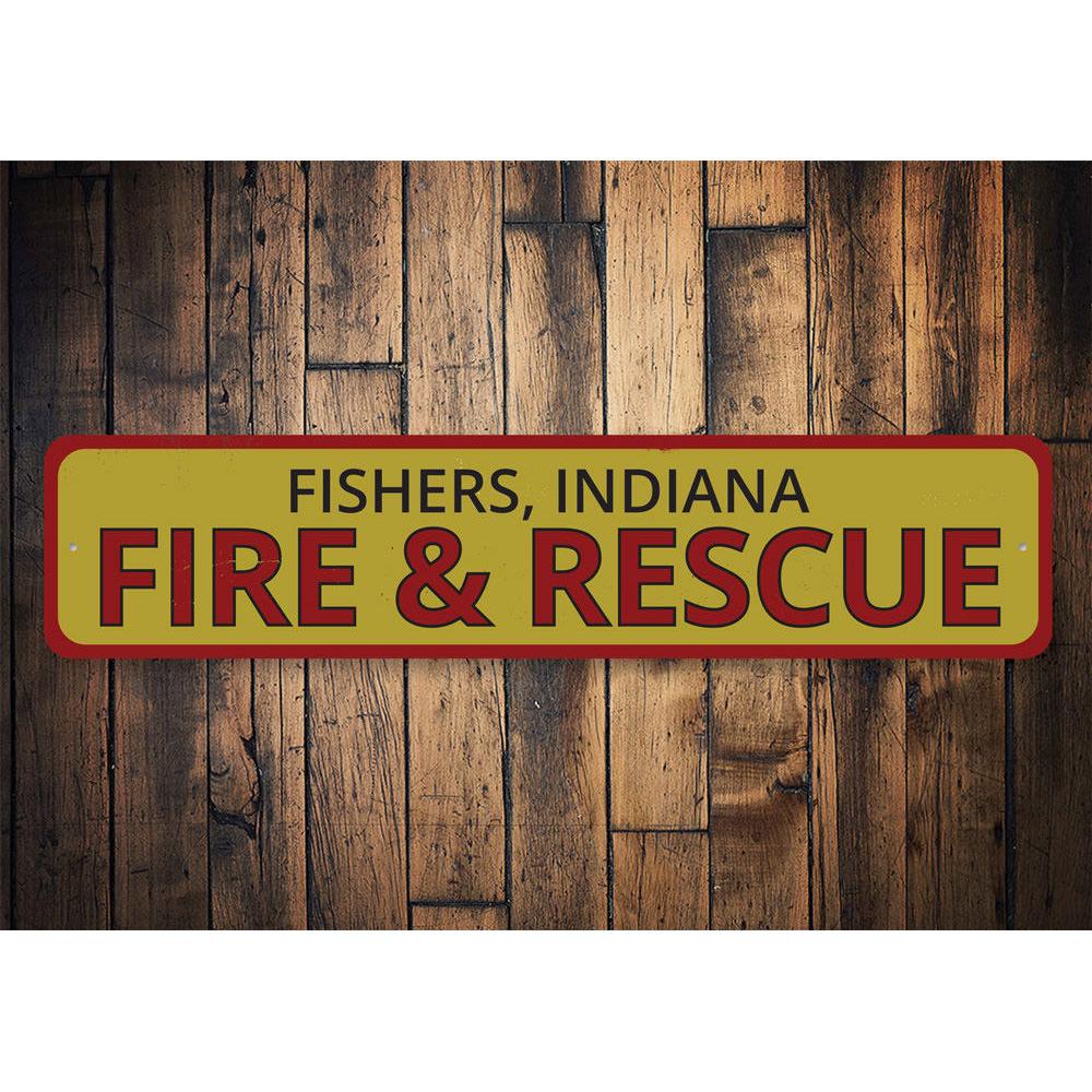 Fire & Rescue Location Sign made of durable aluminum, featuring customizable text and pre-drilled holes for easy mounting.