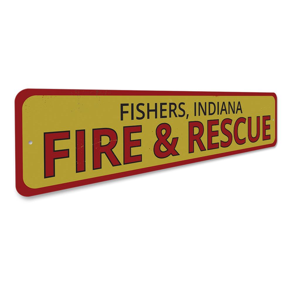 Fire & Rescue Location Sign made of durable aluminum, featuring customizable text and pre-drilled holes for easy mounting.