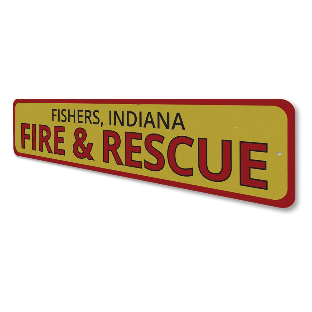 Fire & Rescue Location Sign made of durable aluminum, featuring customizable text and pre-drilled holes for easy mounting.