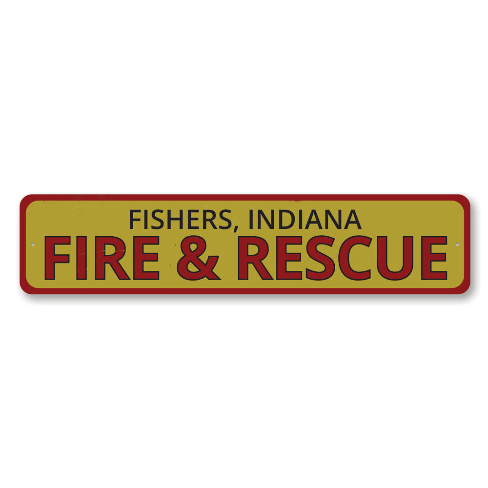 Fire & Rescue Location Sign made of durable aluminum, featuring customizable text and pre-drilled holes for easy mounting.