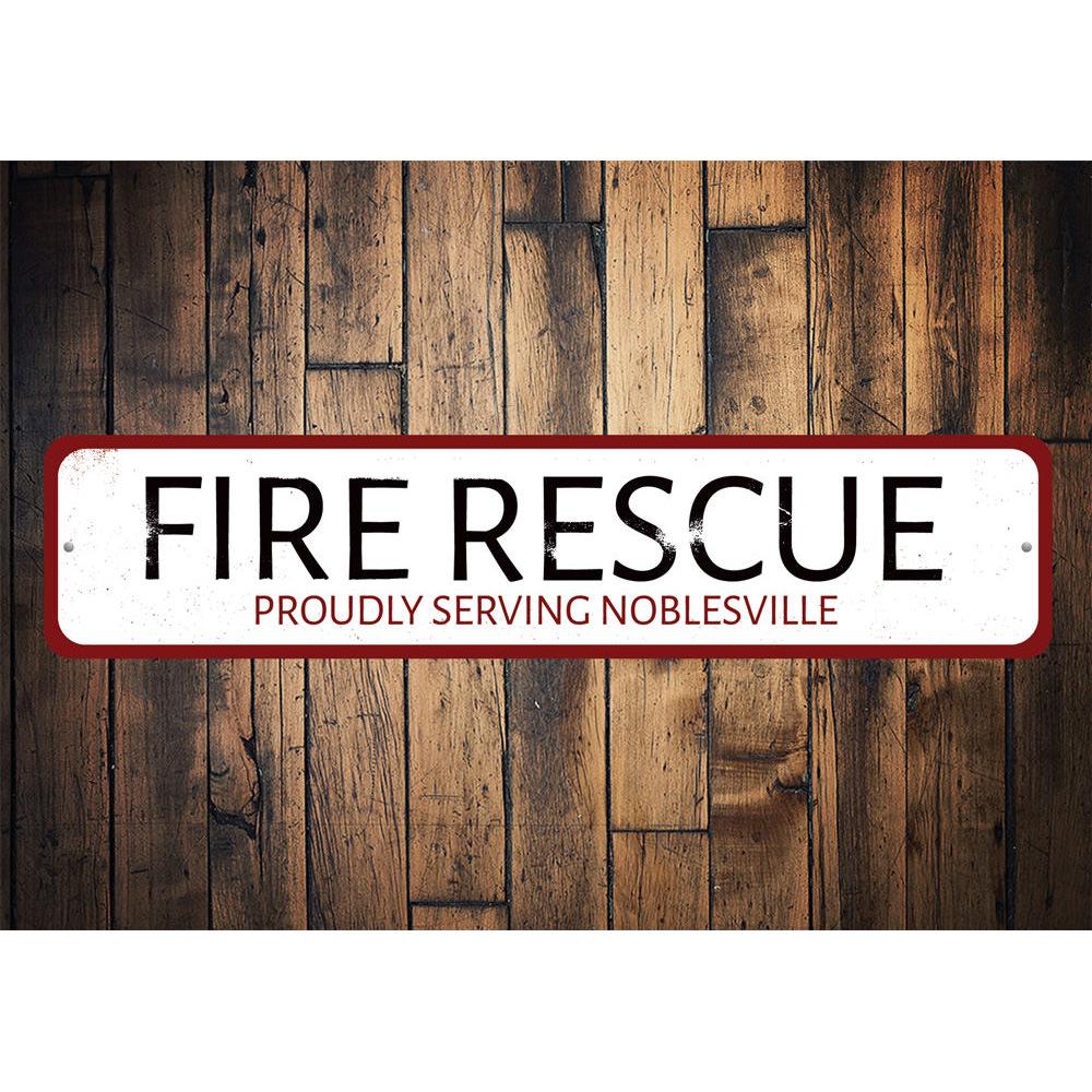 Fire Rescue Pride Sign made of high-quality aluminum, featuring vibrant colors and customizable text, perfect for home or office decor.