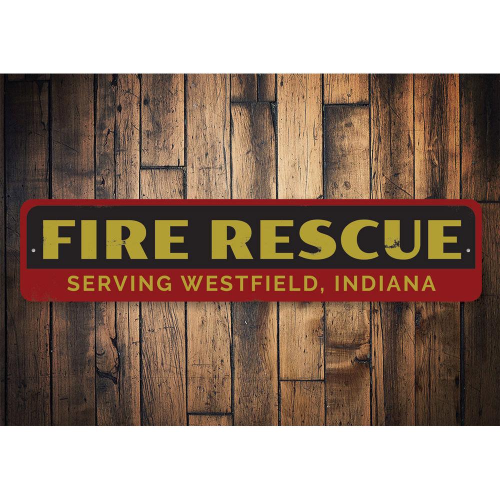 Custom Fire Rescue Sign made of durable aluminum, featuring personalized text options, ideal for home decor and gifts.