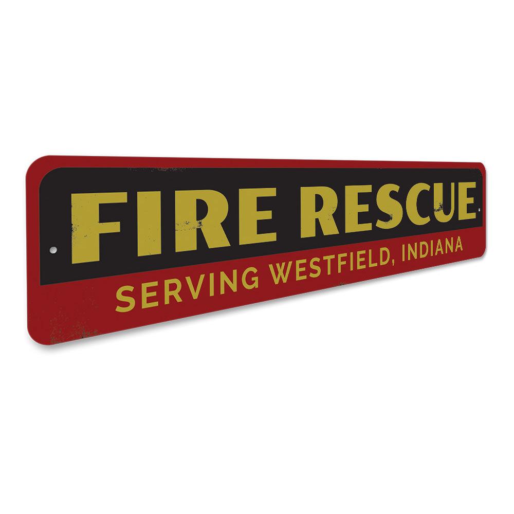 Custom Fire Rescue Sign made of durable aluminum, featuring personalized text options, ideal for home decor and gifts.