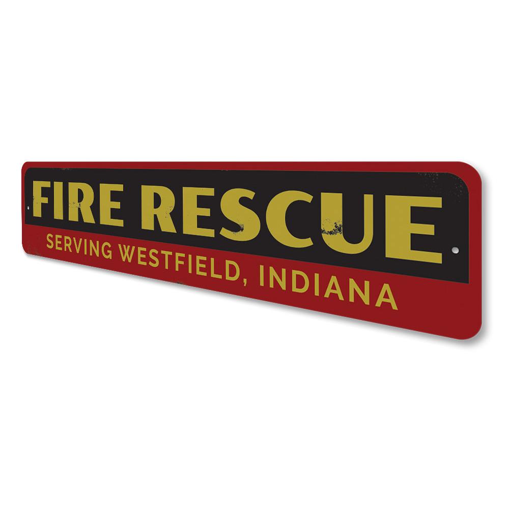 Custom Fire Rescue Sign made of durable aluminum, featuring personalized text options, ideal for home decor and gifts.