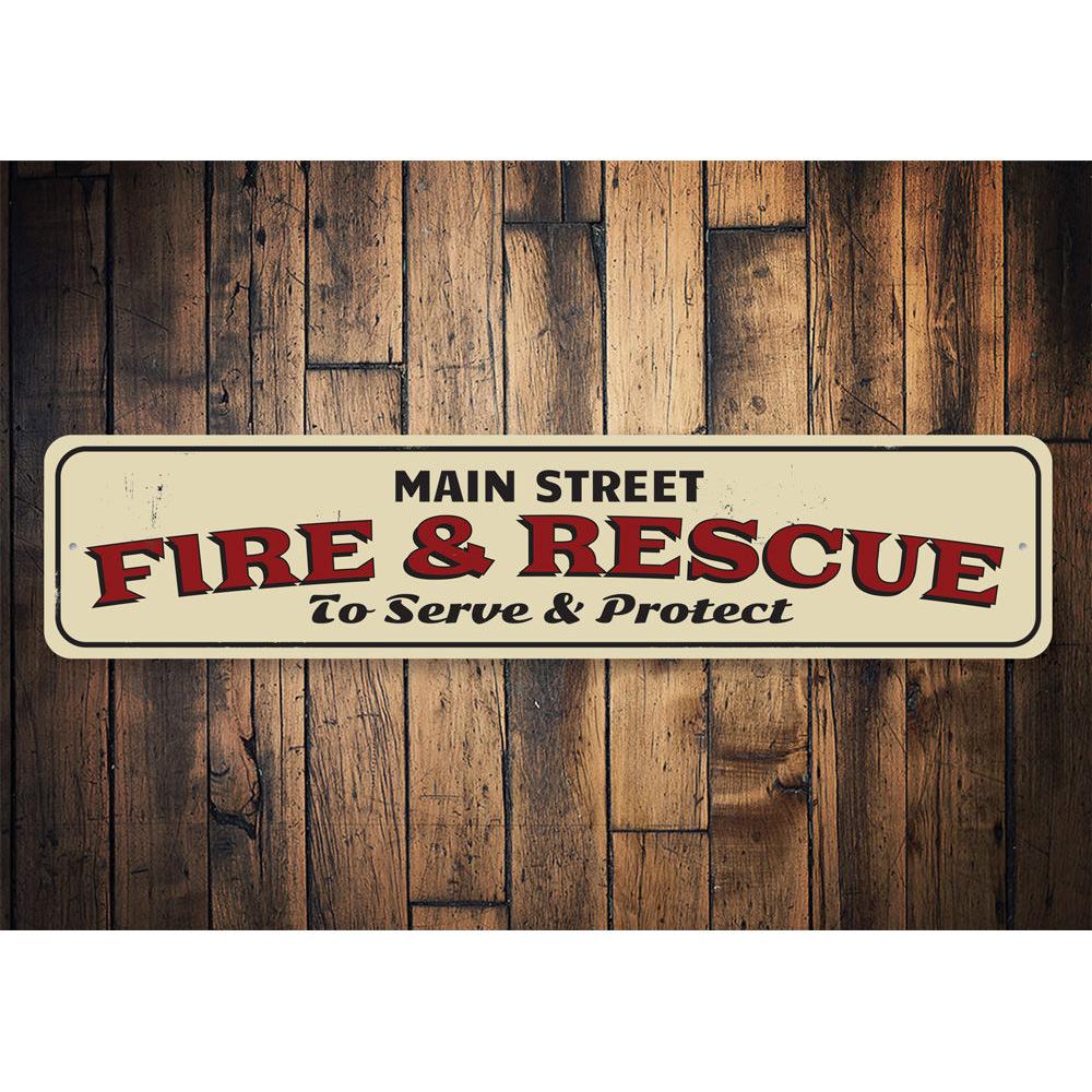 Fire & Rescue Street Name Sign made of durable aluminum, featuring customizable text and pre-drilled holes for easy mounting.