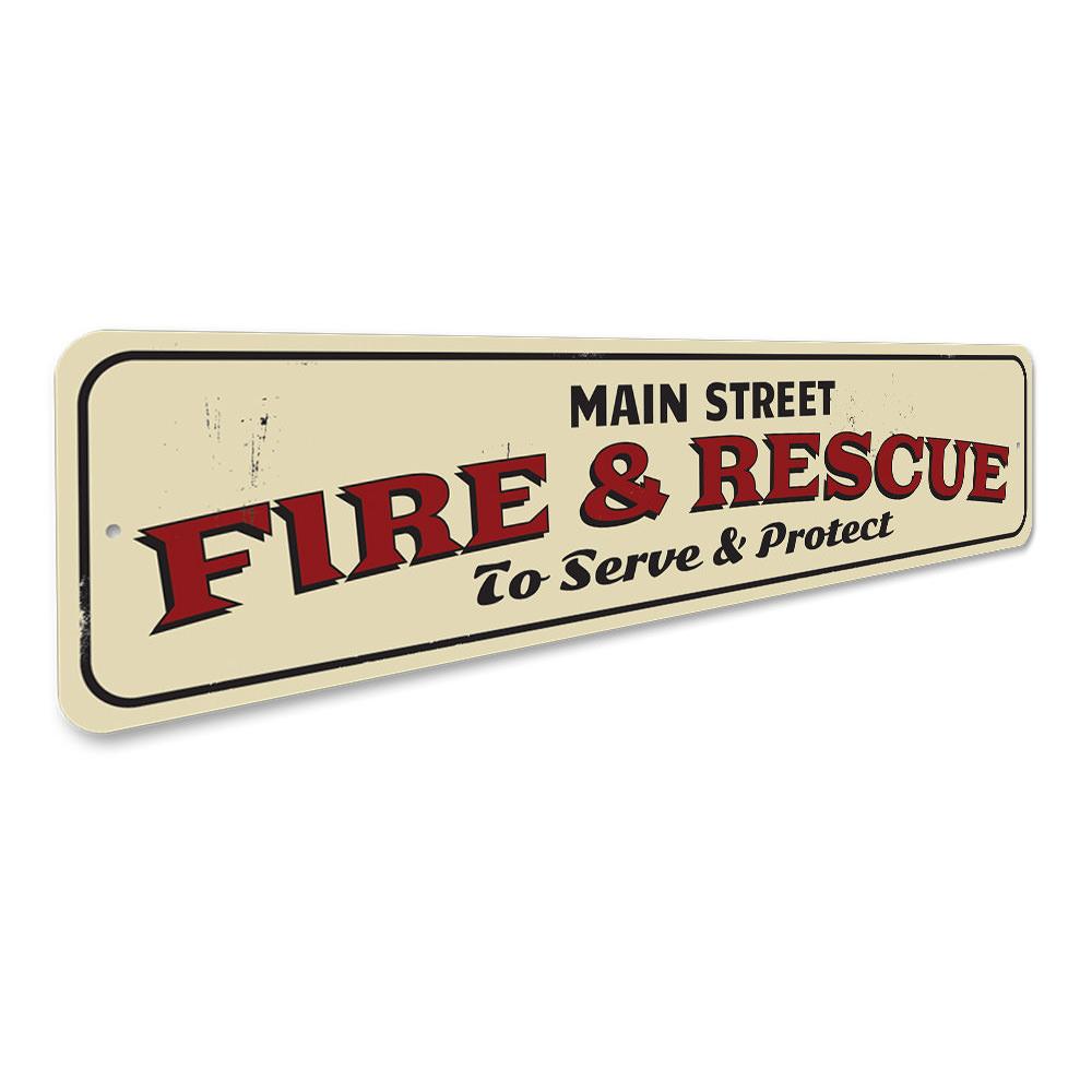 Fire & Rescue Street Name Sign made of durable aluminum, featuring customizable text and pre-drilled holes for easy mounting.