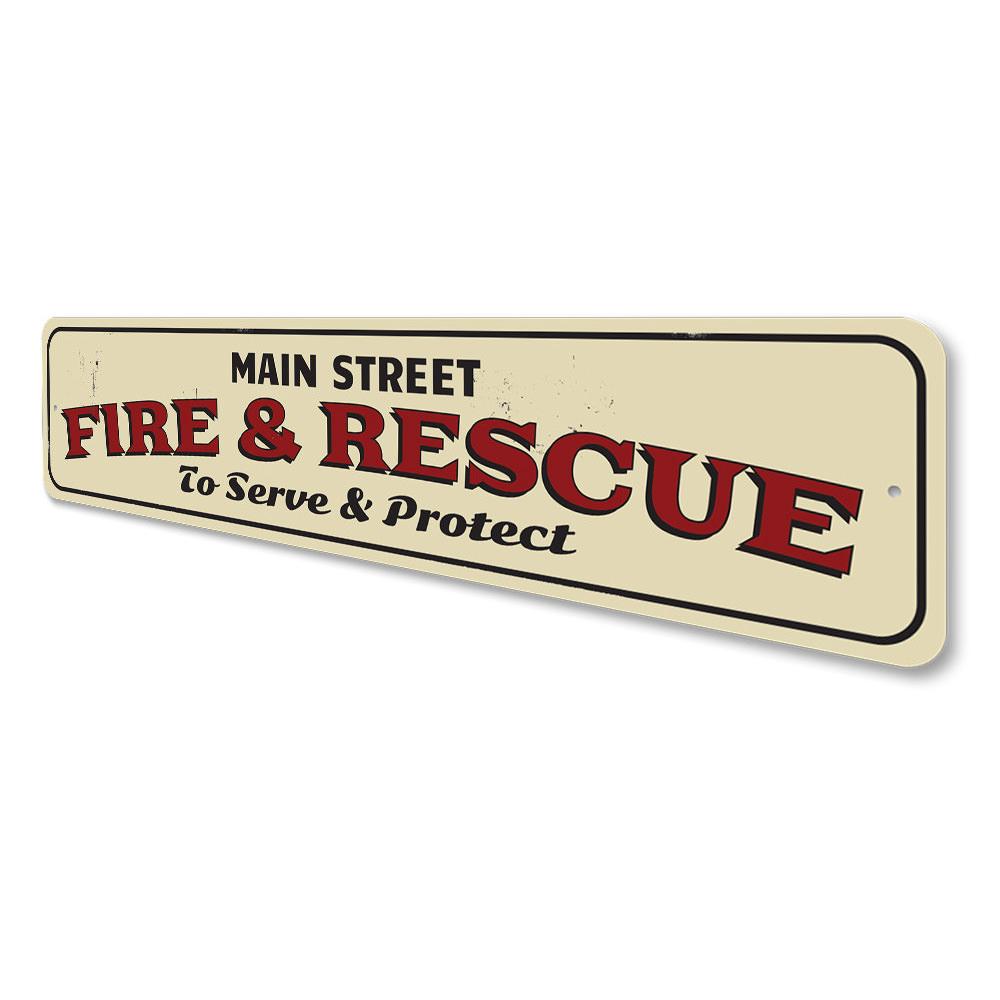 Fire & Rescue Street Name Sign made of durable aluminum, featuring customizable text and pre-drilled holes for easy mounting.