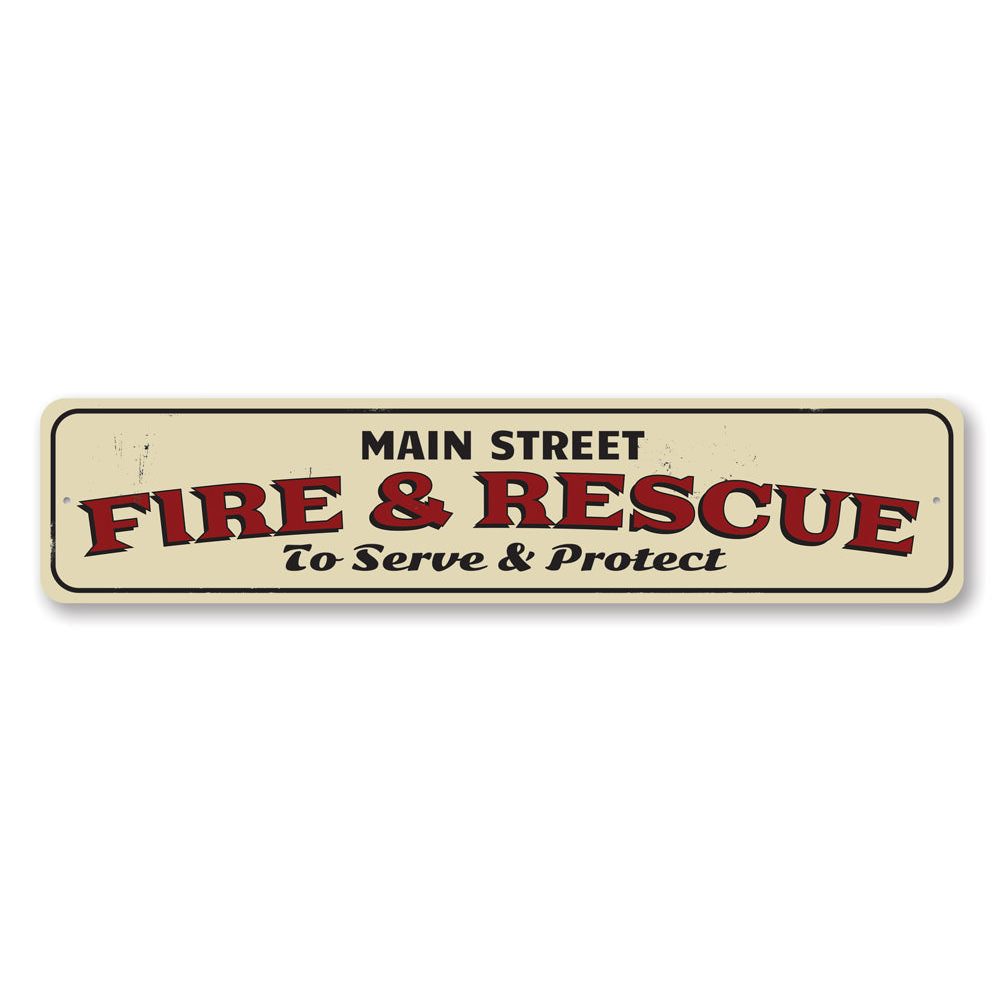 Fire & Rescue Street Name Sign made of durable aluminum, featuring customizable text and pre-drilled holes for easy mounting.