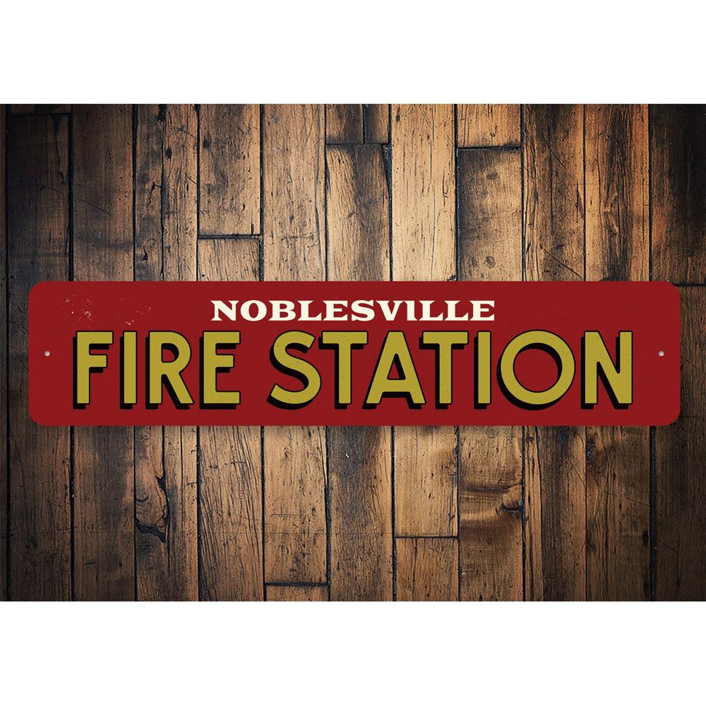 Fire Station City Sign made of high-quality aluminum, featuring customizable text and pre-drilled holes for easy mounting.