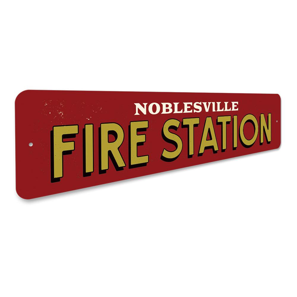 Fire Station City Sign made of high-quality aluminum, featuring customizable text and pre-drilled holes for easy mounting.