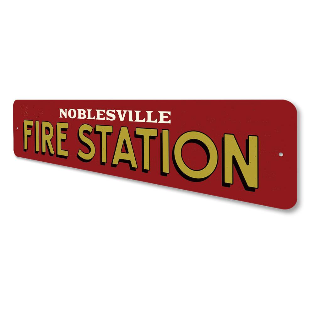 Fire Station City Sign made of high-quality aluminum, featuring customizable text and pre-drilled holes for easy mounting.