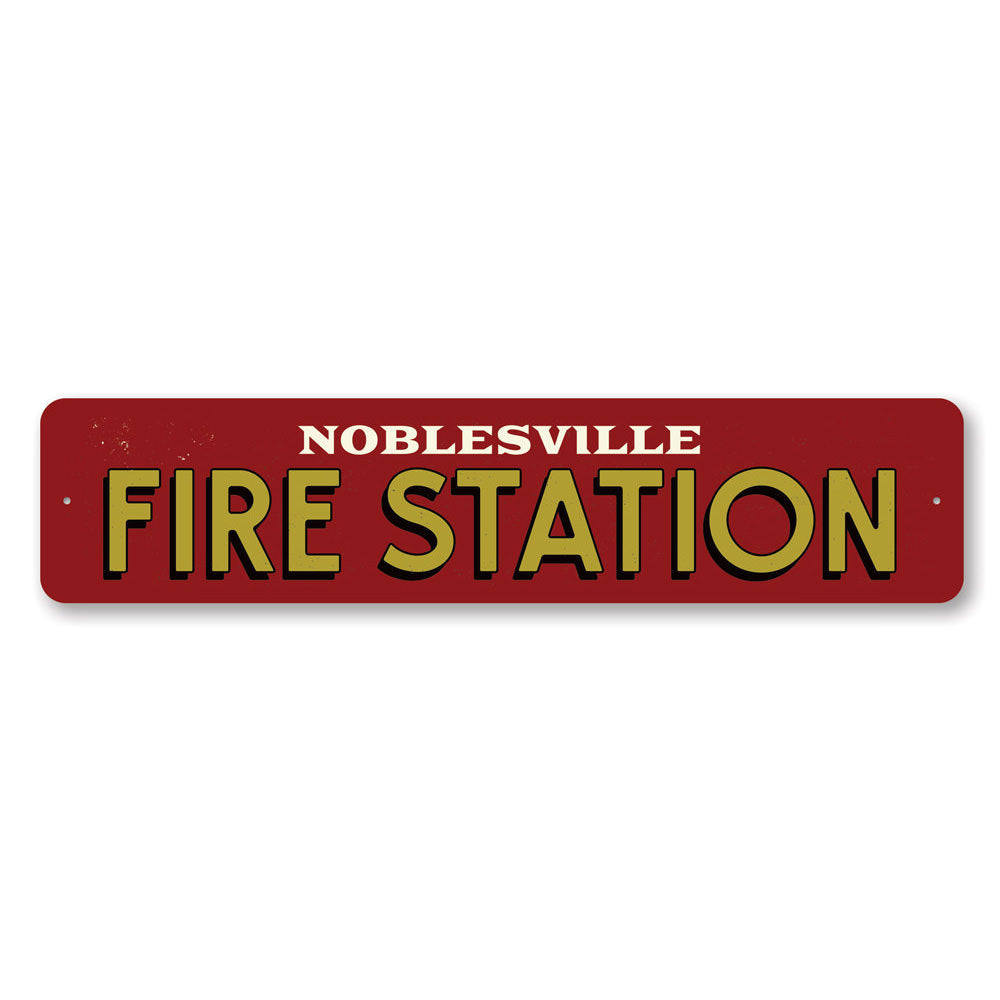 Fire Station City Sign made of high-quality aluminum, featuring customizable text and pre-drilled holes for easy mounting.