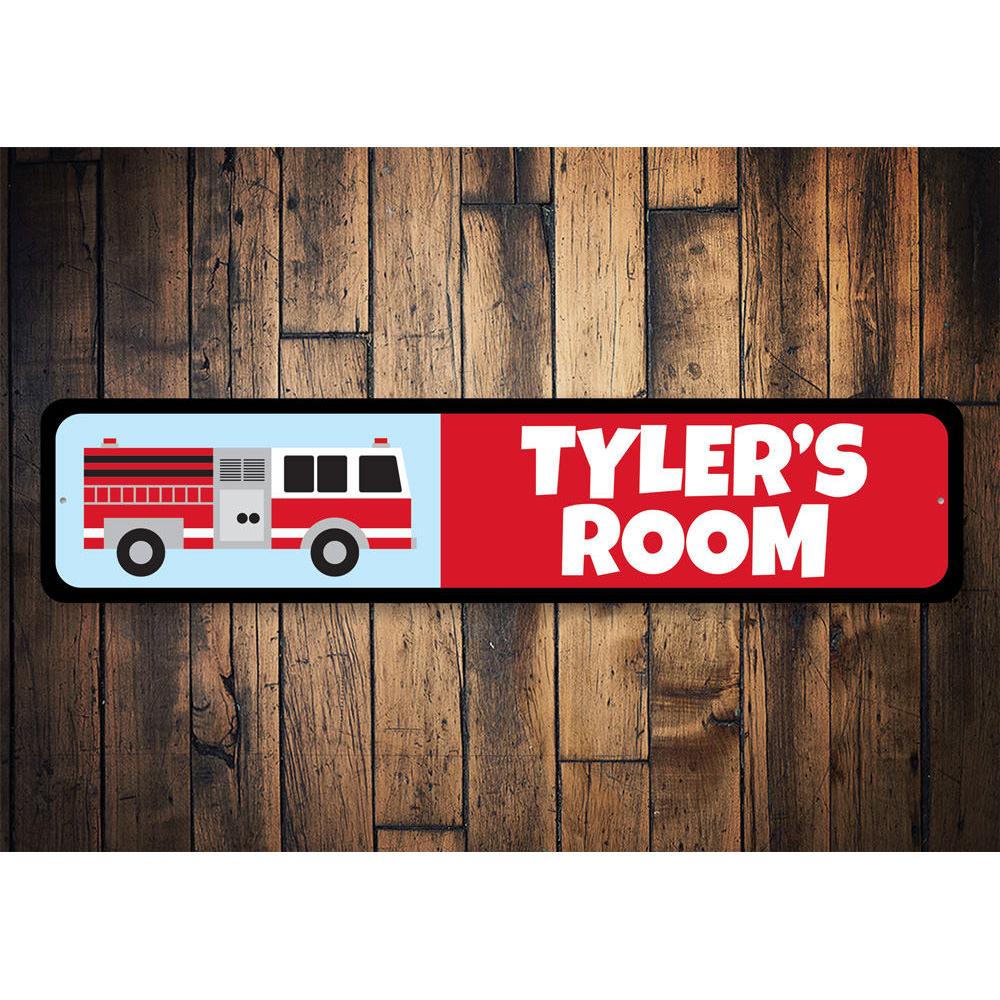 Colorful Fire Truck Sign made of durable aluminum, perfect for children's room decor.