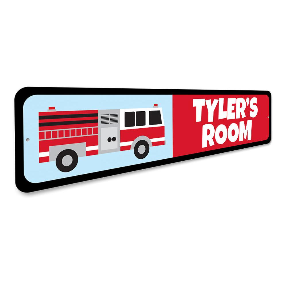 Colorful Fire Truck Sign made of durable aluminum, perfect for children's room decor.