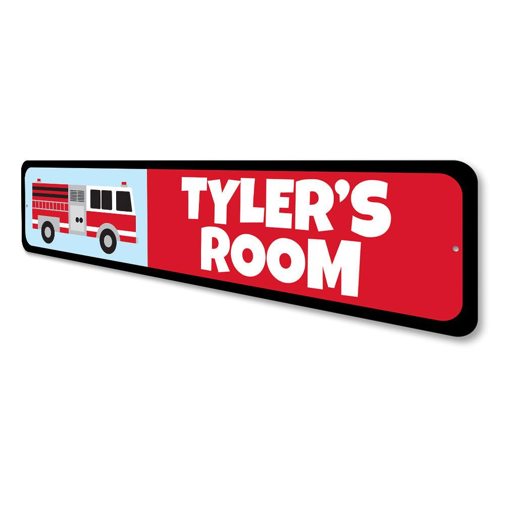 Colorful Fire Truck Sign made of durable aluminum, perfect for children's room decor.