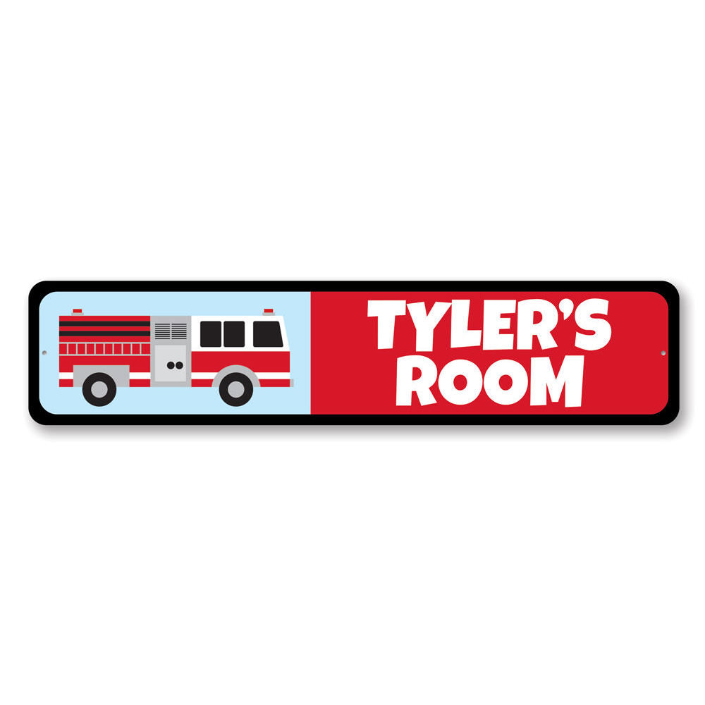 Colorful Fire Truck Sign made of durable aluminum, perfect for children's room decor.