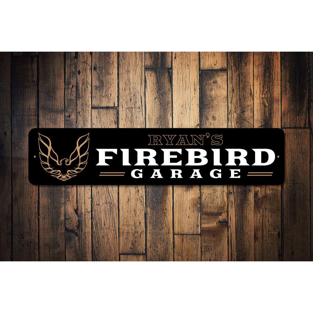 Firebird Garage Sign made from high-quality aluminum, featuring customizable text and pre-drilled holes for easy mounting.