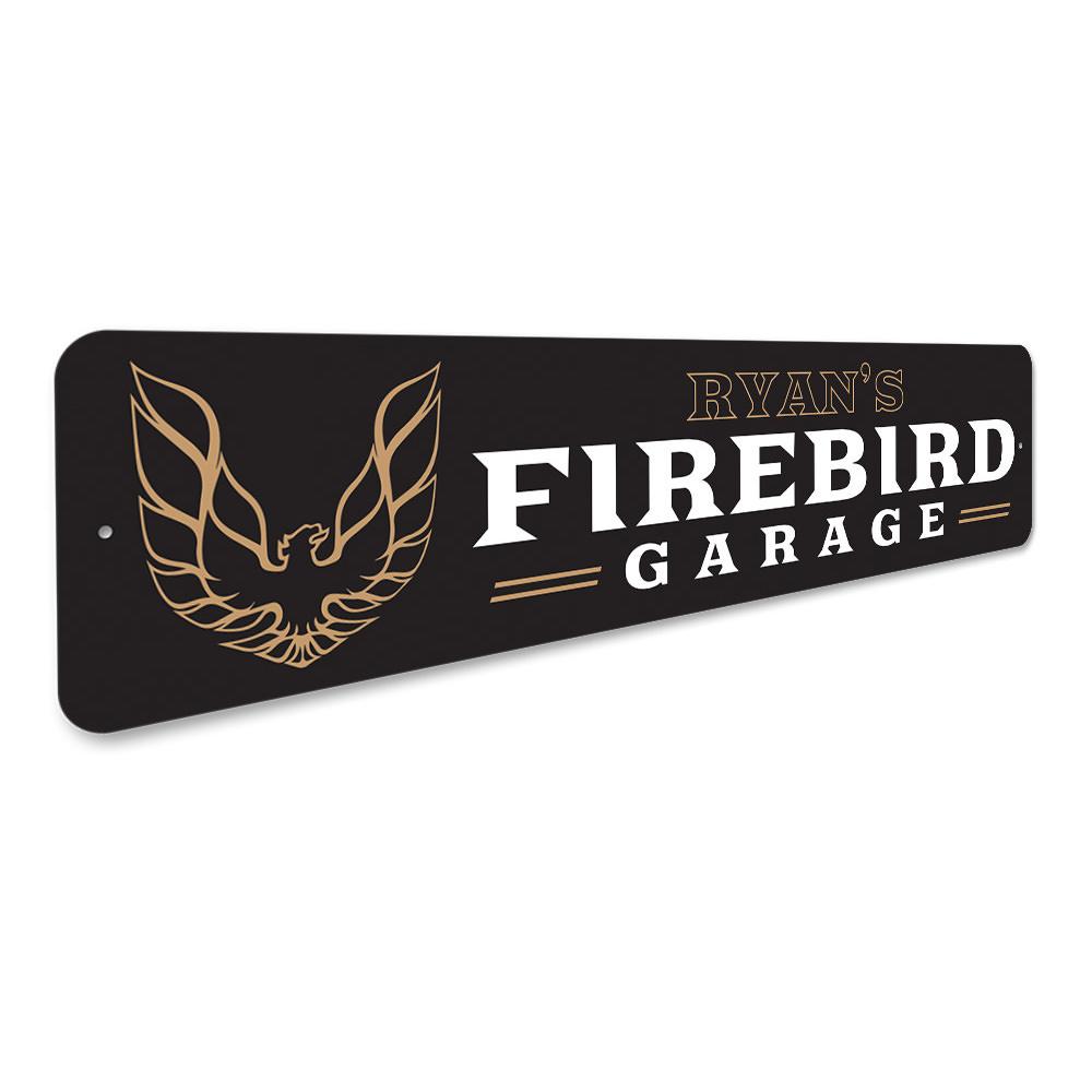 Firebird Garage Sign made from high-quality aluminum, featuring customizable text and pre-drilled holes for easy mounting.