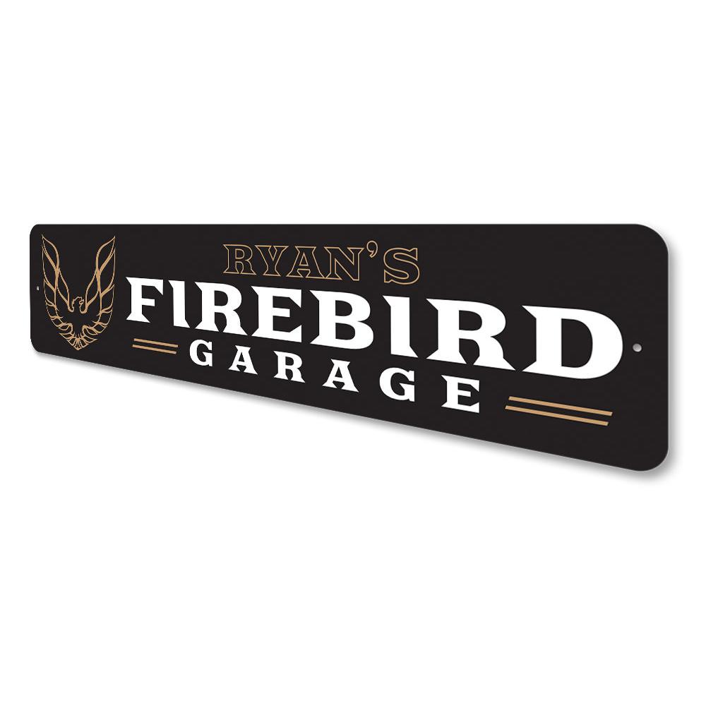 Firebird Garage Sign made from high-quality aluminum, featuring customizable text and pre-drilled holes for easy mounting.