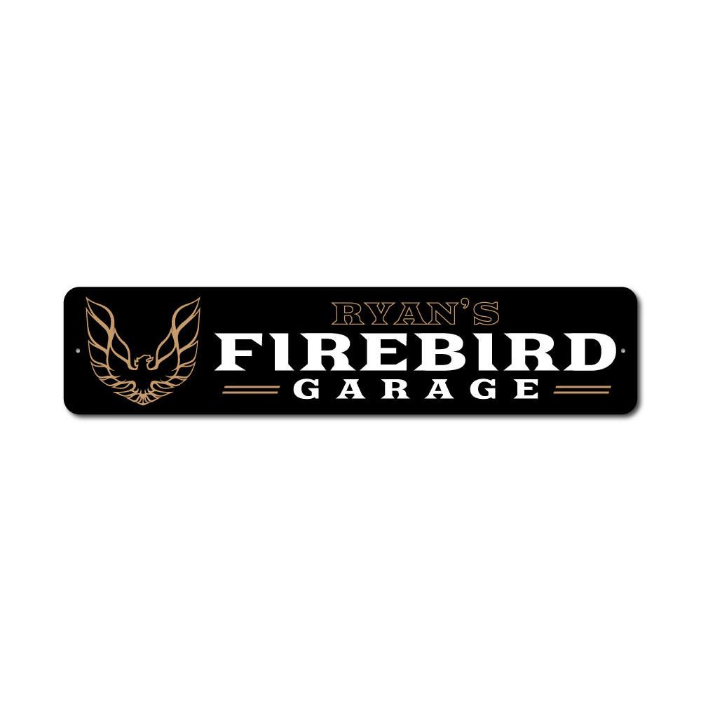 Firebird Garage Sign made from high-quality aluminum, featuring customizable text and pre-drilled holes for easy mounting.