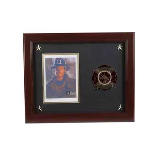 Firefighter Medallion Picture Frame with Stars, featuring a mahogany wood finish and gold trim, designed for a 5x7 inch photo.