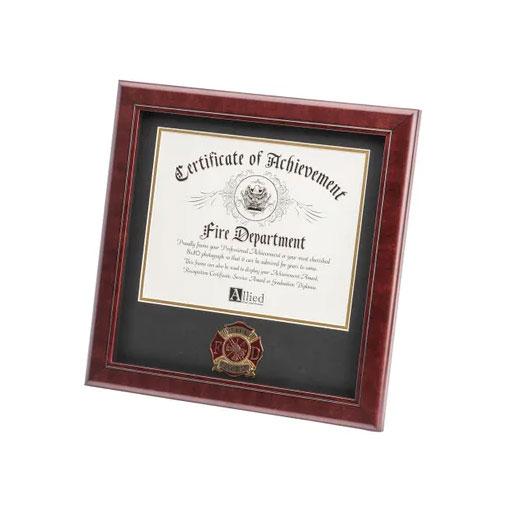 Elegant Firefighter Medallion Certificate Frame with black matting and gold trim, showcasing an 8-Inch by 10-Inch document.