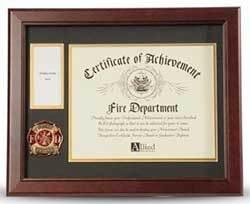 Firefighter Medallion Certificate and Medal Frame showcasing a diploma and medal in an elegant mahogany frame with gold trim.