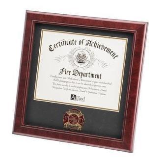 Firefighter Medallion Certificate Frame with mahogany wood finish and gold trim, displaying an 8x10 certificate.