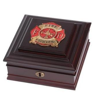 Firefighter Medallion Desktop Box made of mahogany wood with brass lock, featuring a large firefighter medallion and felt-lined interior.